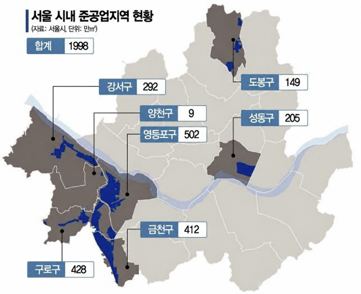 서울 시내 준공업지역 현황 지도. 영등포구를 포함한 서울의 준공업지역 분포를 보여줍니다.